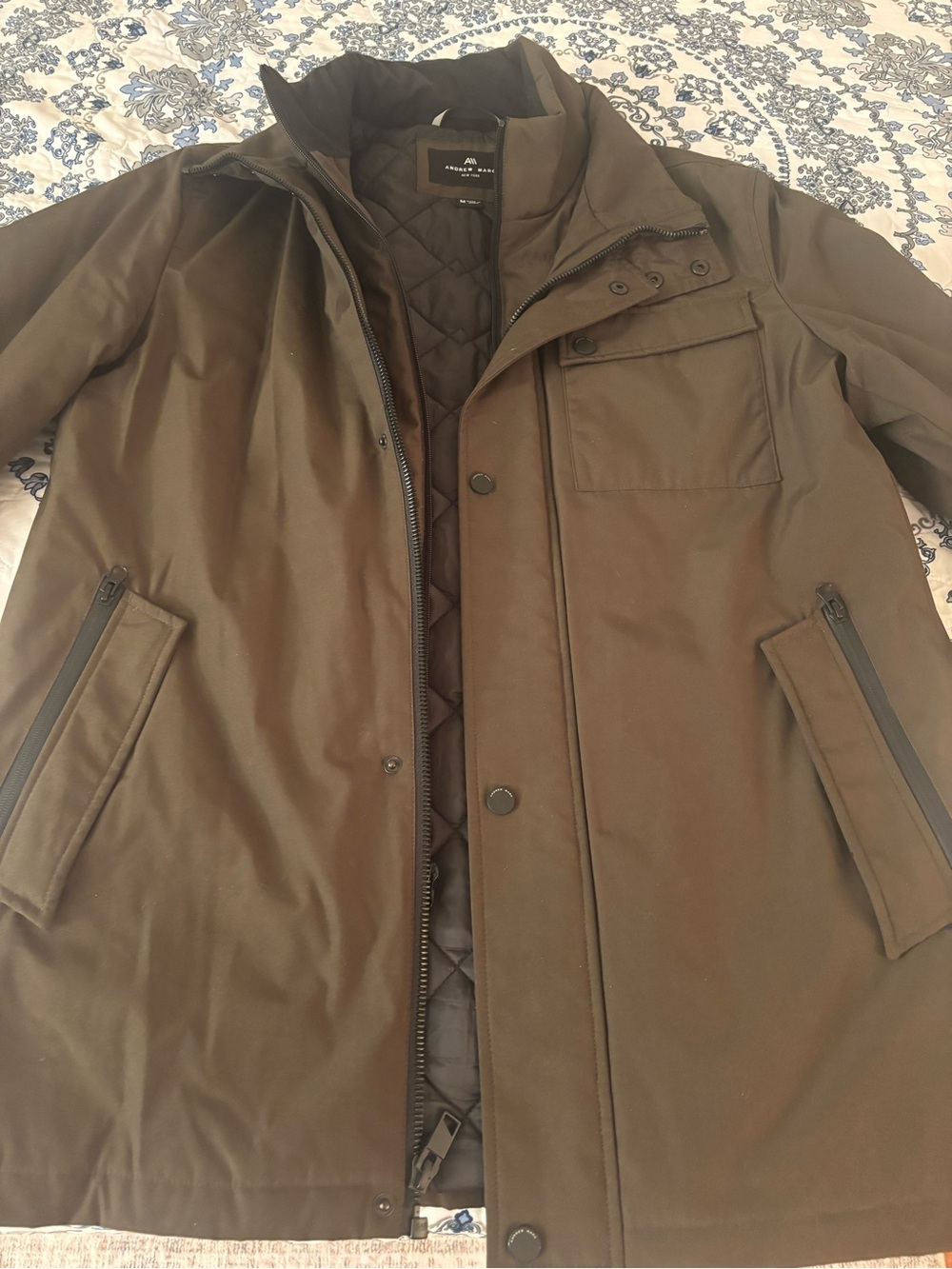 Andrew Marc Olive Brown Quilted-Lined Trench Coat